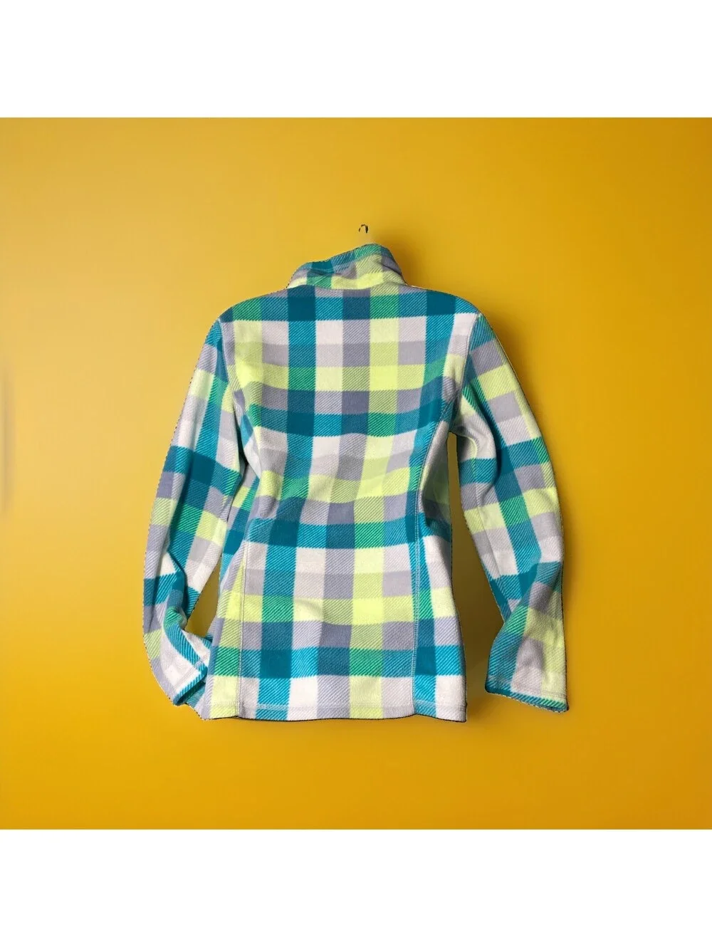 Old Navy 1/4 Zip Girls Youth Fleece Plaid Yellow  Pink Large